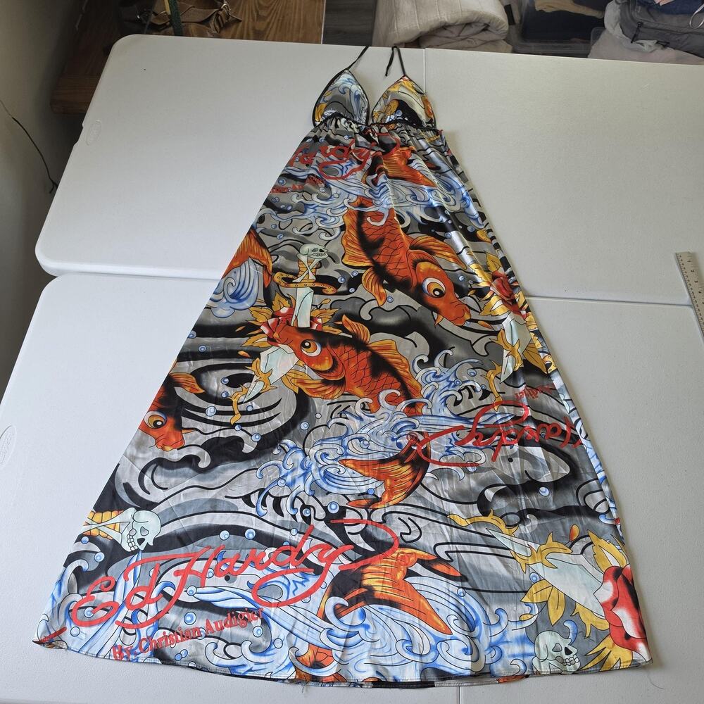 Ed Hardy Dress Womens Small Multicolor Koi Fish Tattoo Halter Maxi Sundress